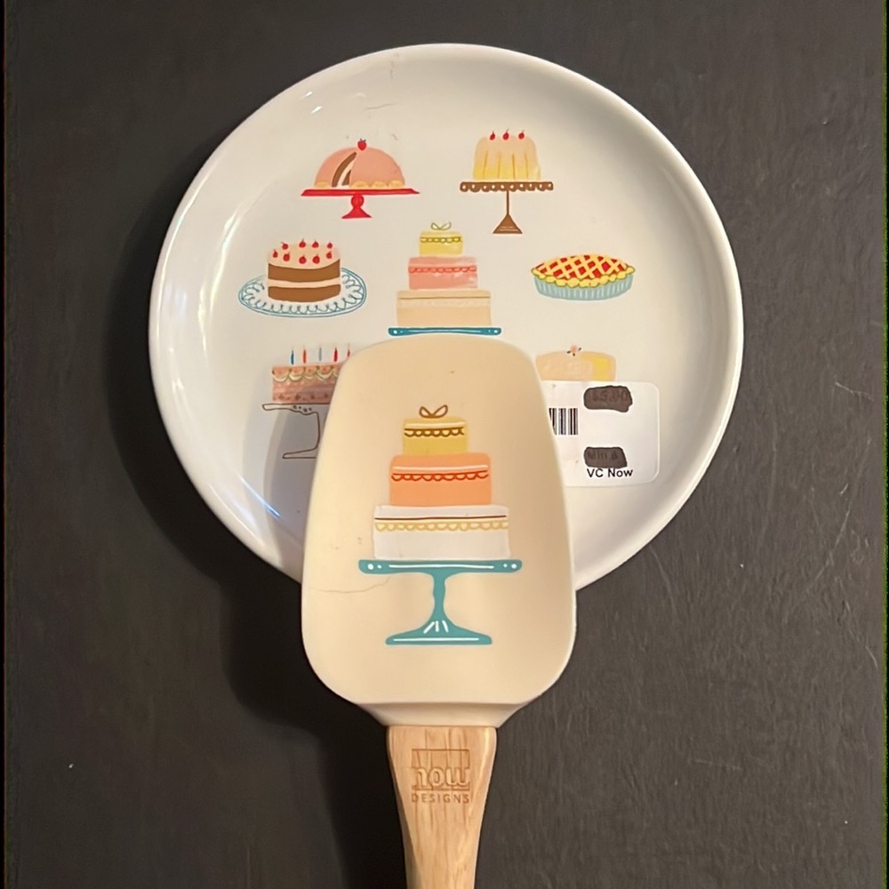“Cake Walk” design large bamboo SPOONula & spoon rest-NWT